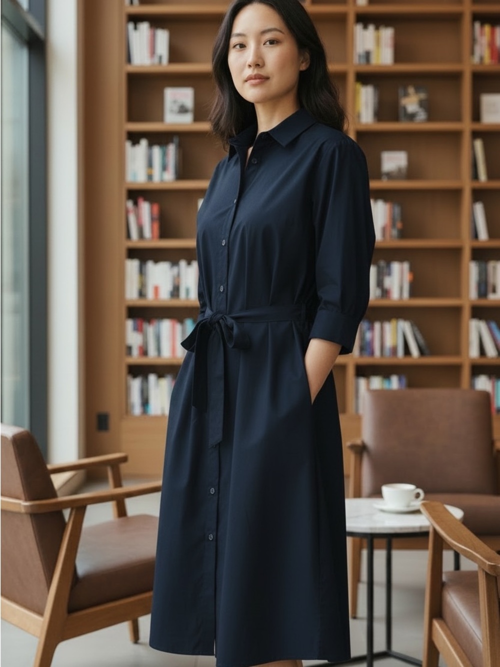 Chico's Navy Button-Front Midi Shirt Dress with Tie Waist